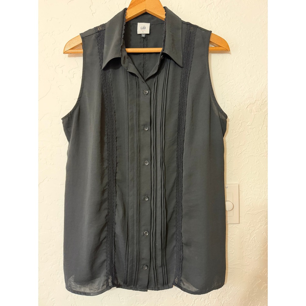 Cabi Sleeveless Blouse Jagger Top 3266 Black Pintuck Pleated Lace Tuxedo Large